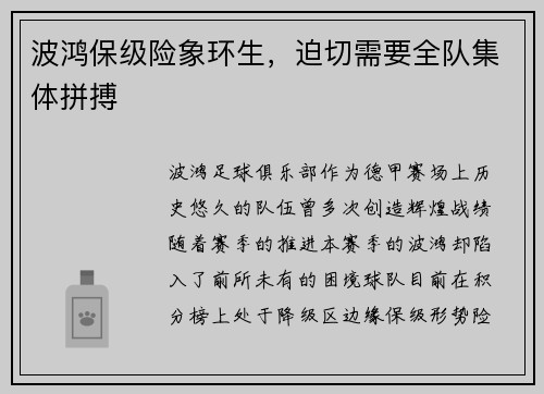 波鸿保级险象环生，迫切需要全队集体拼搏